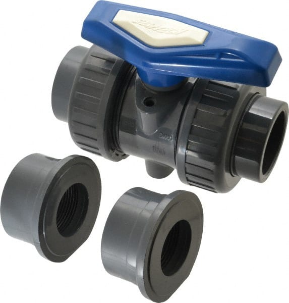 Simtech - 1-1/2" Pipe, Full Port, PVC True Union Design Ball Valve - Inline - Two Way Flow, FNPT x FNPT (with Socket Adapter) Ends, Tee Handle, 232 WOG - Exact Tooling