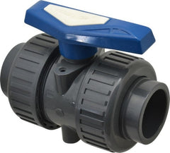 Simtech - 2" Pipe, Full Port, PVC True Union Design Ball Valve - Inline - Two Way Flow, FNPT x FNPT (with Socket Adapter) Ends, Tee Handle, 232 WOG - Exact Tooling