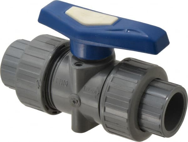 Simtech - 3/4" Pipe, Full Port, CPVC True Union Design Ball Valve - Inline - Two Way Flow, FNPT x FNPT (with Socket Adapter) Ends, Tee Handle, 232 WOG - Exact Tooling