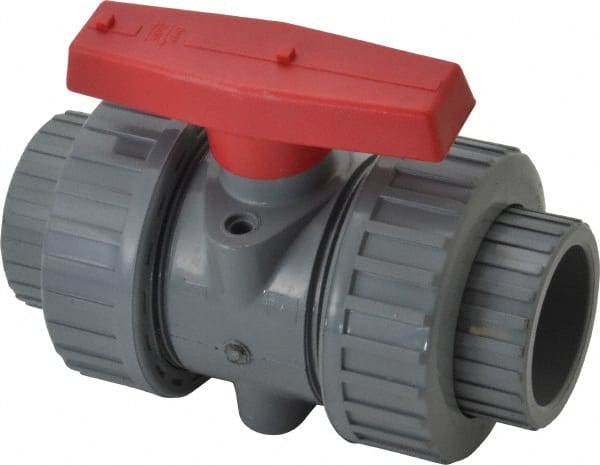 Simtech - 1-1/2" Pipe, Full Port, CPVC True Union Design Ball Valve - Inline - Two Way Flow, FNPT x FNPT (with Socket Adapter) Ends, Tee Handle, 232 WOG - Exact Tooling