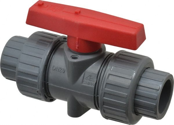 Simtech - 3/4" Pipe, Full Port, CPVC True Union Design Ball Valve - Inline - Two Way Flow, FNPT x FNPT (with Socket Adapter) Ends, Tee Handle, 232 WOG - Exact Tooling