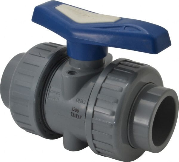 Simtech - 1-1/2" Pipe, Full Port, CPVC True Union Design Ball Valve - Inline - Two Way Flow, FNPT x FNPT (with Socket Adapter) Ends, Tee Handle, 232 WOG - Exact Tooling