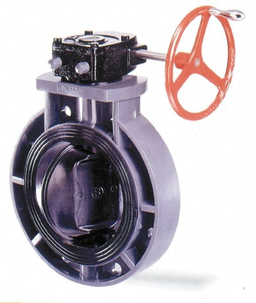 Simtech - 12" Pipe, Wafer Butterfly Valve - Gear Handle, PVDF Body, Viton Seat, 150 WOG, PVDF Disc, Stainless Steel Stem - Exact Tooling