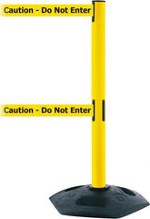 Tensator - 38" High, 2-1/2" Pole Diam, 4 Way Stanchion - 19" Base Diam, Octagon Recycled Rubber Base, Yellow Plastic Post, 13' x 2" Tape, Dual Line Tape, For Outdoor Use - Exact Tooling