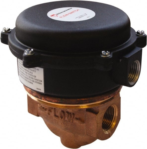 McDonnell & Miller - 100 psi, Brass Housing, Adjustable Paddle Flow Switch - 0.12 Flow Set Point, 545 Flow Point cc/min, 0.12 to 2.5 GPM, 120/240 Voltage, 1 Inch Thread Size - Exact Tooling
