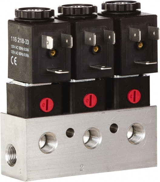 ARO/Ingersoll-Rand - 1/8", CAT Series 3-Way 2-Position Bar Manifold Stacking Solenoid Valve - 24 VDC, 0.062 CV Rate, 3.275" High x 4" Long - Exact Tooling