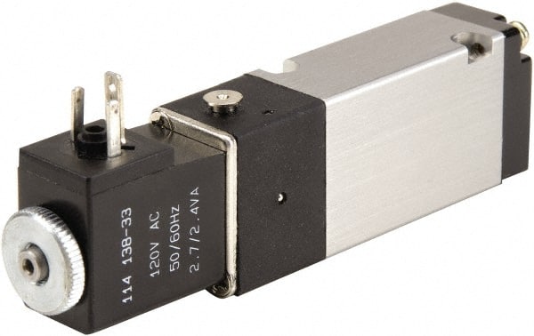 ARO/Ingersoll-Rand - 1/8" Inlet x 1/8" Outlet, Solenoid Actuator, Spring Return, 2 Position, Body Ported Solenoid Air Valve - 24 VDC Input, 0.7 CV, 4 Way, 115 psi, 122° Max Temp - Exact Tooling