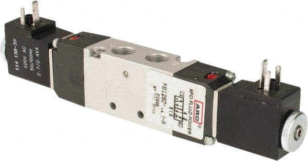 ARO/Ingersoll-Rand - 1/8" Inlet x 1/8" Outlet, Solenoid Actuator, Solenoid Return, 3 Position, Body Ported Solenoid Air Valve - 120 VAC Input, 0.5 CV, 4 Way, 115 psi, 122° Max Temp - Exact Tooling