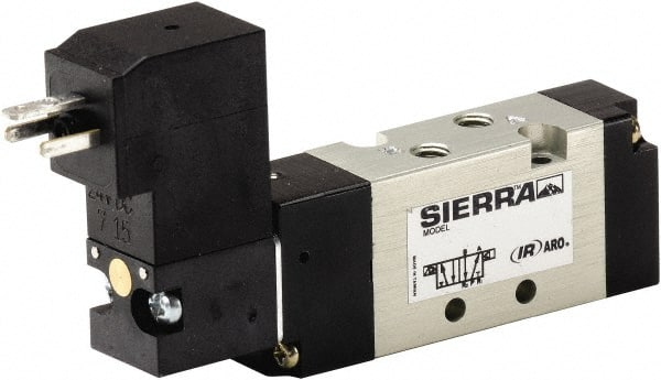ARO/Ingersoll-Rand - 10-32" Inlet, Solenoid Actuator, Spring Return, 2 Position, Body Ported Solenoid Air Valve - 120 VAC Input, 1/4 CV, 4 Way, 115 psi, 122° Max Temp - Exact Tooling