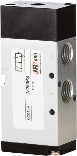 ARO/Ingersoll-Rand - 1/4" Inlet x 1/4" Outlet, Pilot Actuator, Spring Return, 2 Position, Body Ported Solenoid Air Valve - 0.7 CV, 3 Way, 140 psi, 122° Max Temp, 15° Min Temp - Exact Tooling