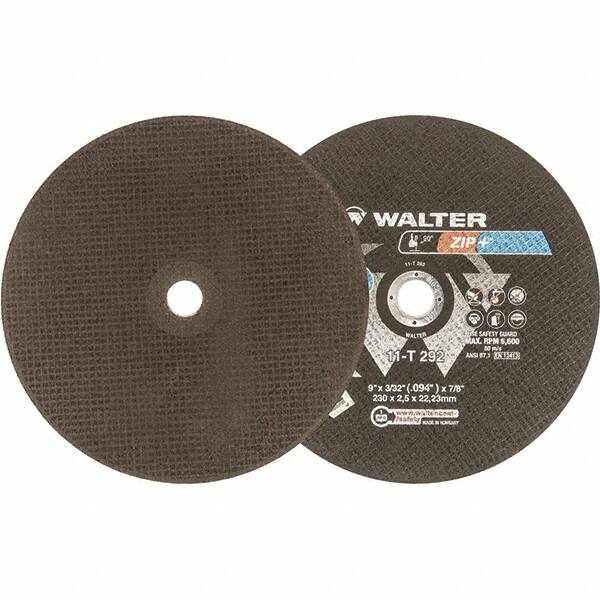 WALTER Surface Technologies - 9" 46 Grit Aluminum Oxide Cutoff Wheel - 3/32" Thick, 7/8" Arbor, 6,600 Max RPM, Use with Angle Grinders - Exact Tooling