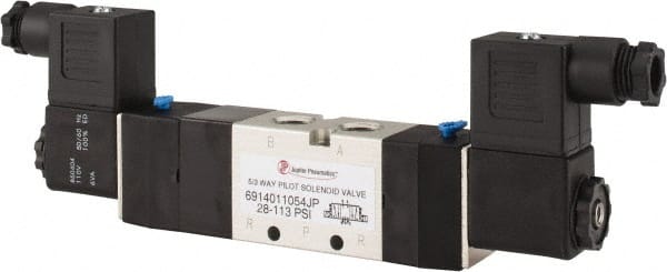 PRO-SOURCE - 1/4", 5/3 Way Double Stacking Solenoid Valve - 110 VAC, 0.76 CV Rate, 2.6" High x 8-1/2" Long - Exact Tooling