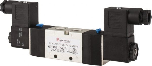 PRO-SOURCE - 1/4", 5/2 Way Double Stacking Solenoid Valve - 110 VAC, 0.98 CV Rate, 2.6" High x 7.76" Long - Exact Tooling