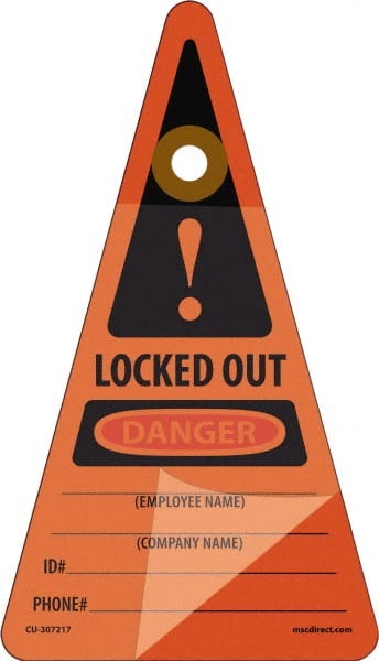 NMC - 7" High x 4" Long, LOCKED OUT - DANGER - EMPLOYEE NAME ___ COMPANY NAME ___ID#___PHONE#___, English Safety & Facility Lockout Tag - Tag Header: Danger, 1 Side, Orange Unrippable Vinyl - Exact Tooling