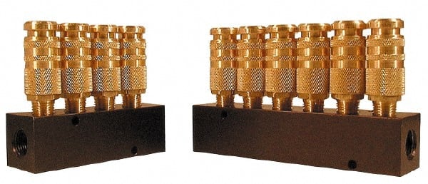 Coilhose Pneumatics - 3/8" Inlet, 1/4" Outlet Manifold - 5.63" Long x 1-1/4" Wide x 3-1/4" High, 3/16" Mount Hole, 1 Inlet Port, 6 Outlet Ports - Exact Tooling