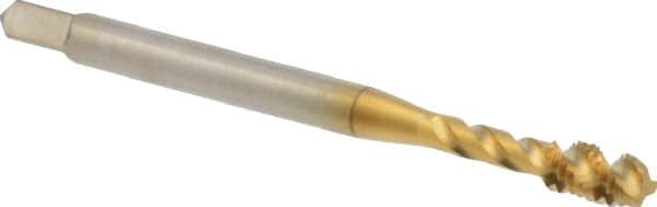 Balax - #4-40 UNC, 3 Flute, 45° Helix, Modified Bottoming Chamfer, TiN Finish, Spiral Flute STI Tap - Right Hand Flute, 1-7/8" OAL, 0.141" Shank Diam, 0.56" Thread Length - Exact Tooling