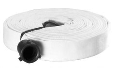 Made in USA - 1-1/2" ID x 1-3/4" OD, 150 Working psi, White Polyester/Rubber Fire Hose, Single Jacket - 1-1/2" NH/NST Ends, 50' Long, -40 to 150°F,450 Burst psi - Exact Tooling