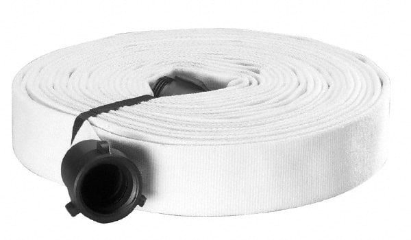 Made in USA - 2-1/2" ID x 2-13/16" OD, 250 Working psi, White Polyester/Rubber Fire Hose, Single Jacket - 2-1/2" NH/NST Ends, 50' Long, -40 to 150°F,750 Burst psi - Exact Tooling