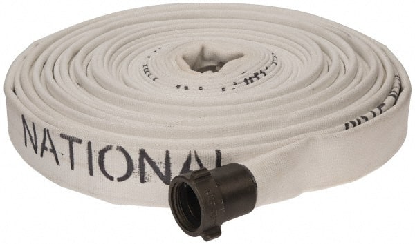 Made in USA - 1-1/2" ID x 1-3/4" OD, 150 Working psi, White Polyester/Rubber Fire Hose, Single Jacket - 1-1/2" NH/NST Ends, 100' Long, -40 to 150°F,450 Burst psi - Exact Tooling