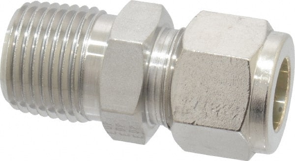 Parker - 1/2" OD, Stainless Steel Male Connector - 7/8" Hex, Comp x MNPT Ends - Exact Tooling