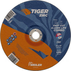 Weiler - 30 Grit, 9" Wheel Diam, 7/8" Arbor Hole, Type 27 Depressed Center Wheel - Hard Grade, Zirconia Alumina, T Hardness, 6,600 Max RPM - Exact Tooling