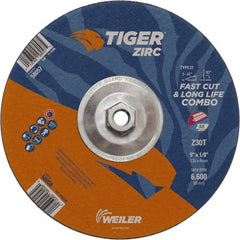 Weiler - 30 Grit, 9" Wheel Diam, Type 27 Depressed Center Wheel - Hard Grade, Zirconia Alumina, T Hardness, 6,600 Max RPM - Exact Tooling
