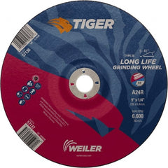 Weiler - 24 Grit, 9" Wheel Diam, 7/8" Arbor Hole, Type 28 Depressed Center Wheel - Medium Grade, Aluminum Oxide, R Hardness, 6,600 Max RPM - Exact Tooling