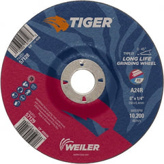 Weiler - 24 Grit, 6" Wheel Diam, 7/8" Arbor Hole, Type 27 Depressed Center Wheel - Medium Grade, Aluminum Oxide, R Hardness, 10,200 Max RPM - Exact Tooling