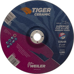 Weiler - 24 Grit, 9" Wheel Diam, 7/8" Arbor Hole, Type 27 Depressed Center Wheel - Medium Grade, Ceramic, R Hardness, 6,600 Max RPM - Exact Tooling