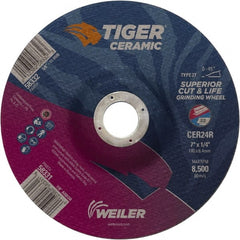 Weiler - 24 Grit, 7" Wheel Diam, 7/8" Arbor Hole, Type 27 Depressed Center Wheel - Medium Grade, Ceramic, R Hardness, 8,500 Max RPM - Exact Tooling