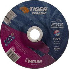 Weiler - 24 Grit, 6" Wheel Diam, 7/8" Arbor Hole, Type 27 Depressed Center Wheel - Medium Grade, Ceramic, R Hardness, 10,200 Max RPM - Exact Tooling