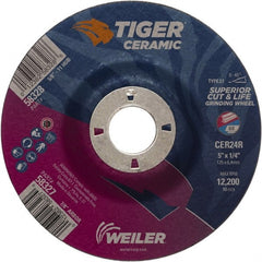 Weiler - 24 Grit, 5" Wheel Diam, 7/8" Arbor Hole, Type 27 Depressed Center Wheel - Medium Grade, Ceramic, R Hardness, 12,200 Max RPM - Exact Tooling