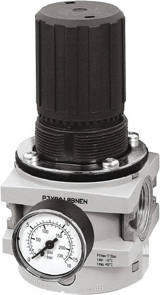 Parker - 1 NPT Port, 550 CFM, Aluminum Hi-Flow Regulator - 0 to 174 psi Range, 254 Max psi Supply Pressure, 1/4" Gauge Port Thread, 3-1/2" Wide x 7.2" High - Exact Tooling