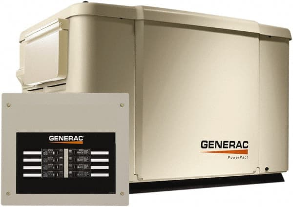Generac Power - 1 Phase LP & NG Air Cooled Standby Power Generator - 120/240 V, 7.5 (LP) & 6 (NG) kW, OHV, Bisque Aluminum Enclosure, Use 51.6 (LP) & 117 (NG) to Fuel - Exact Tooling