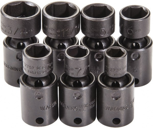 Proto - 7 Piece 3/8" Drive Black Finish Impact Socket Set - 6 Points, 3/8" to 3/4" Range, Inch Measurement Standard - Exact Tooling