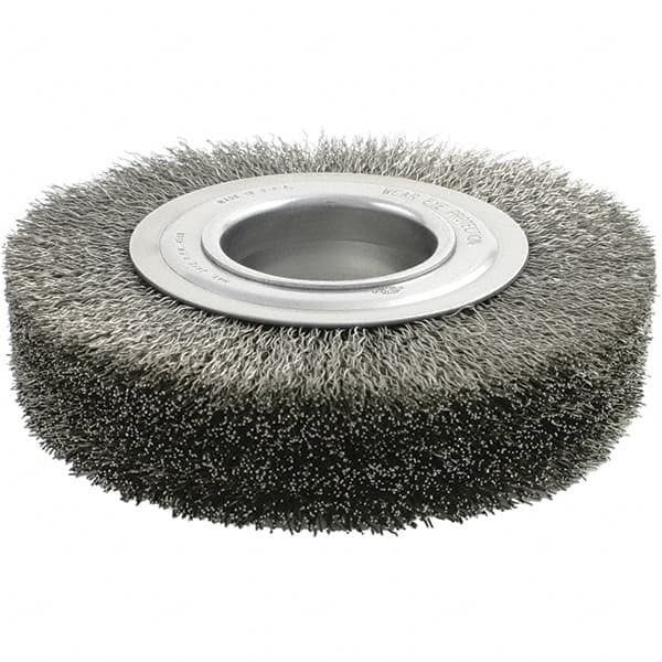 Brush Research Mfg. - 6" OD, 2" Arbor Hole, Crimped Stainless Steel Wheel Brush - 1-3/8" Face Width, 1-1/8" Trim Length, 4,500 RPM - Exact Tooling