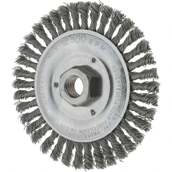 Tru-Maxx - 5" OD, 5/8-11 Arbor Hole, Stringer Bead Steel Wheel Brush - 3/16" Face Width, 7/8" Trim Length, 0.02" Filament Diam, 12,500 RPM - Exact Tooling