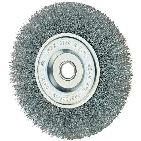 Tru-Maxx - 6" OD, 1/2" Arbor Hole, Crimped Steel Wheel Brush - 3/4" Face Width, 1-1/4" Trim Length, 0.014" Filament Diam, 6,000 RPM - Exact Tooling
