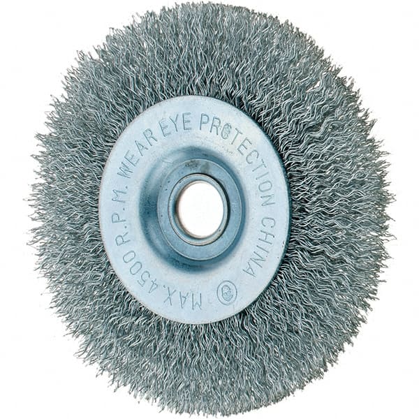 Tru-Maxx - 4" OD, 1/2" Arbor Hole, Crimped Steel Wheel Brush - 1/2" Face Width, 3/4" Trim Length, 0.014" Filament Diam, 6,000 RPM - Exact Tooling