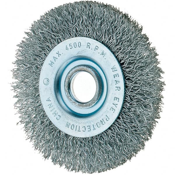 Tru-Maxx - 3" OD, 1/2" Arbor Hole, Crimped Steel Wheel Brush - 7/16" Face Width, 1/2" Trim Length, 0.008" Filament Diam, 12,500 RPM - Exact Tooling