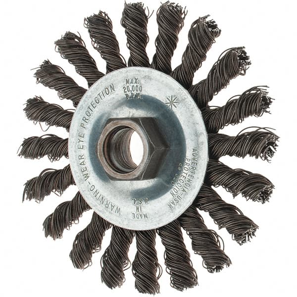 Tru-Maxx - 4" OD, 5/8-11 Arbor Hole, Knotted Steel Wheel Brush - 1/4" Face Width, 7/8" Trim Length, 0.02" Filament Diam, 20,000 RPM - Exact Tooling