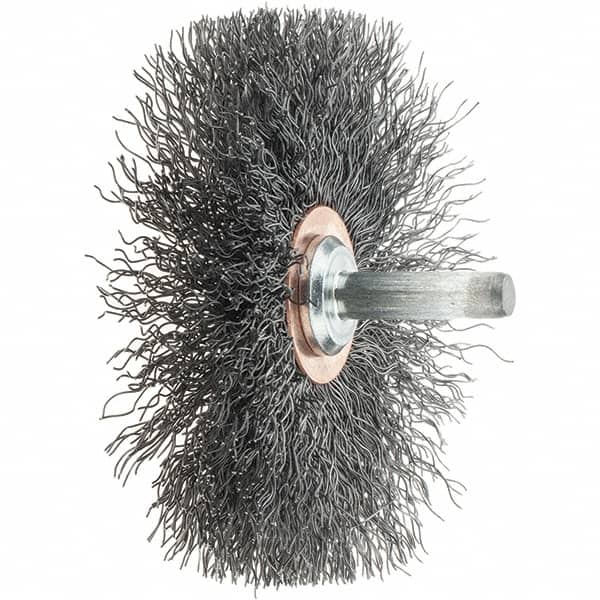 Tru-Maxx - 3" OD, 1/4" Shank Diam, Crimped Steel Wheel Brush - 1/2" Face Width, 1" Trim Length, 0.0118" Filament Diam, 20,000 RPM - Exact Tooling