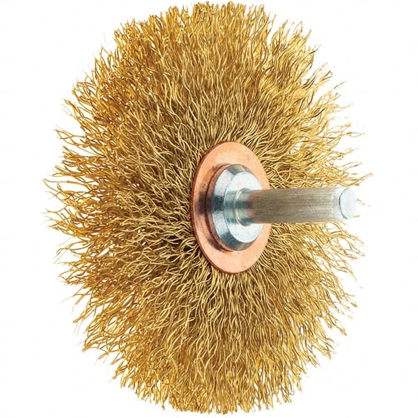 Tru-Maxx - 3" OD, 1/4" Shank Diam, Crimped Brass Wheel Brush - 1/2" Face Width, 1" Trim Length, 0.0118" Filament Diam, 20,000 RPM - Exact Tooling