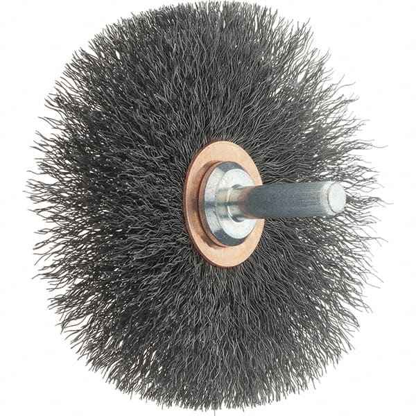 Tru-Maxx - 3" OD, 1/4" Shank Diam, Crimped Steel Wheel Brush - 1/2" Face Width, 1" Trim Length, 0.008" Filament Diam, 12,500 RPM - Exact Tooling