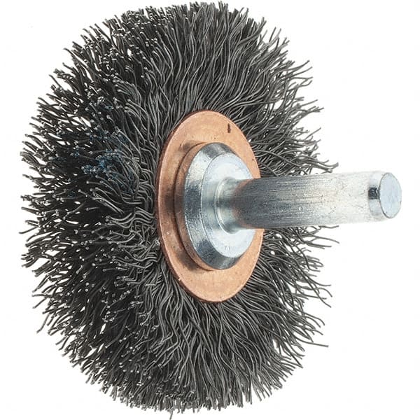 Tru-Maxx - 2" OD, 1/4" Shank Diam, Crimped Steel Wheel Brush - 3/8" Face Width, 1/2" Trim Length, 0.0118" Filament Diam, 20,000 RPM - Exact Tooling