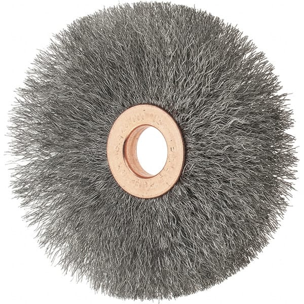 Tru-Maxx - 3" OD, 1/2" Arbor Hole, Crimped Stainless Steel Wheel Brush - 5/8" Face Width, 1" Trim Length, 0.006" Filament Diam, 20,000 RPM - Exact Tooling
