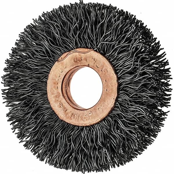 Tru-Maxx - 2" OD, 1/2" Arbor Hole, Crimped Steel Wheel Brush - 3/8" Face Width, 1/2" Trim Length, 0.014" Filament Diam, 20,000 RPM - Exact Tooling