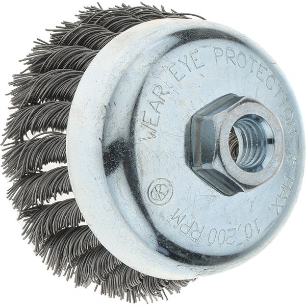 Tru-Maxx - 4" Diam, 5/8-11 Threaded Arbor, Steel Fill Cup Brush - 0.023 Wire Diam, 1-1/4" Trim Length, 10,200 Max RPM - Exact Tooling