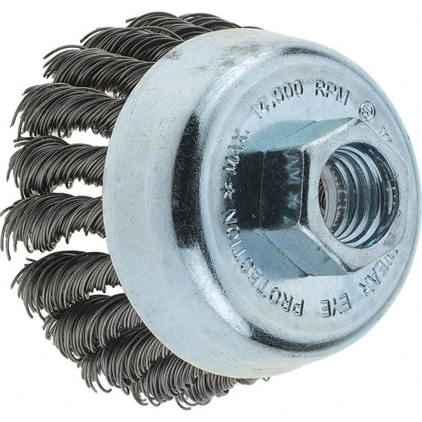 Tru-Maxx - 2-3/4" Diam, 5/8-11 Threaded Arbor, Steel Fill Cup Brush - 0.02 Wire Diam, 1" Trim Length, 14,000 Max RPM - Exact Tooling