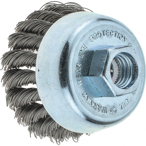 Tru-Maxx - 2-3/4" Diam, 5/8-11 Threaded Arbor, Steel Fill Cup Brush - 0.014 Wire Diam, 1" Trim Length, 14,000 Max RPM - Exact Tooling